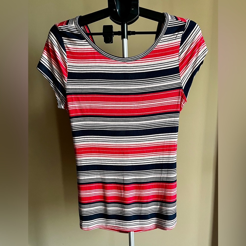 VENUS Striped Short Sleeve Tee in Red and Black